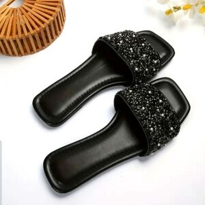 New Sparkly Black Women's Sz 5.5  Flat Sandals Slippers Comfort slides